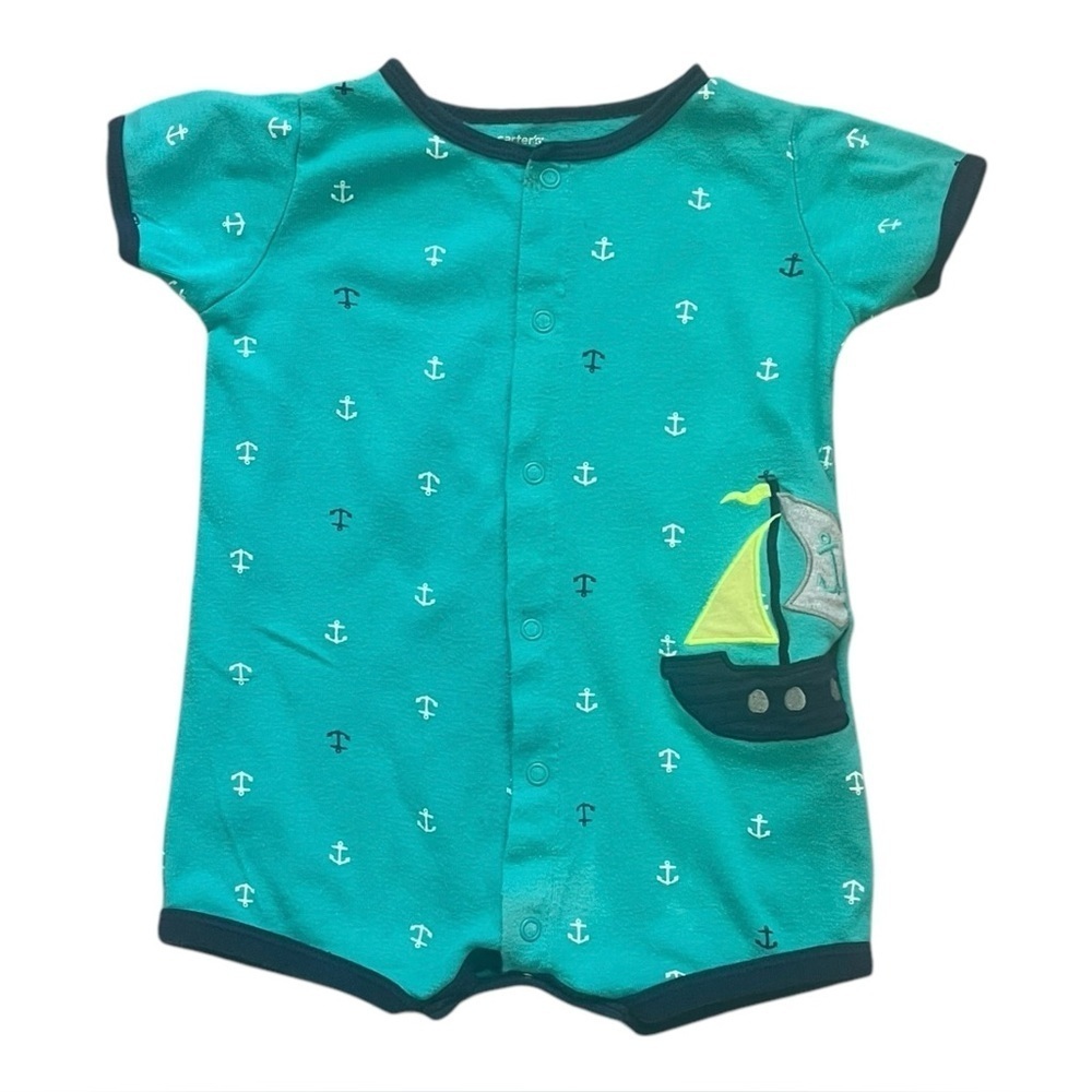 Carter’s green anchor print boat embroidered one piece boy 12M Front snap